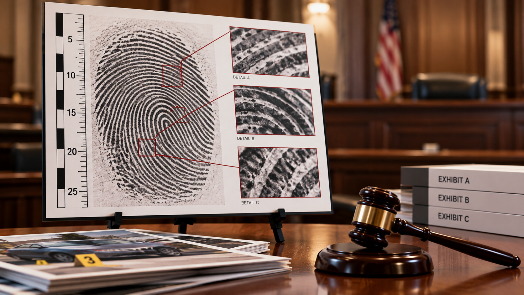Fingerprint evidence enlargement displayed on a courtroom trial exhibit board